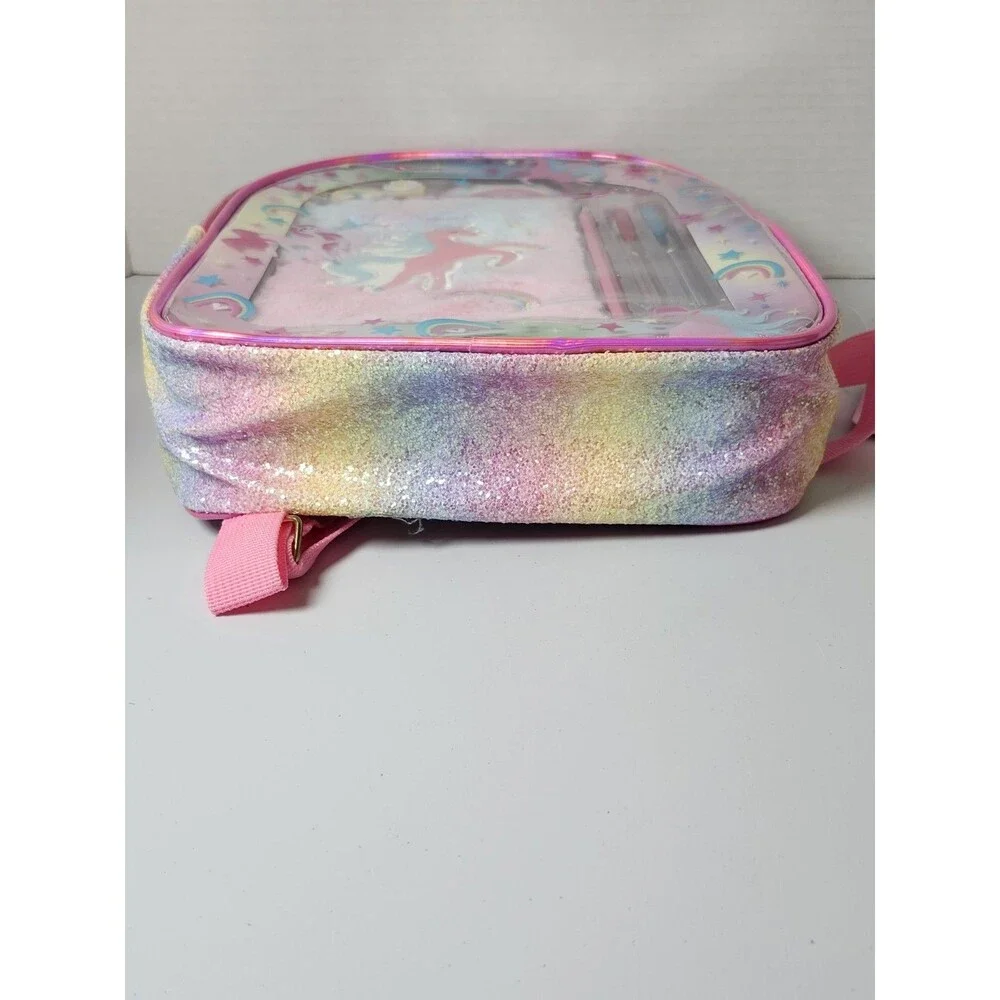 Unicorn Rainbow Glitter Backpack with Notebook, Sticky Notes, Pens, And Pencil
